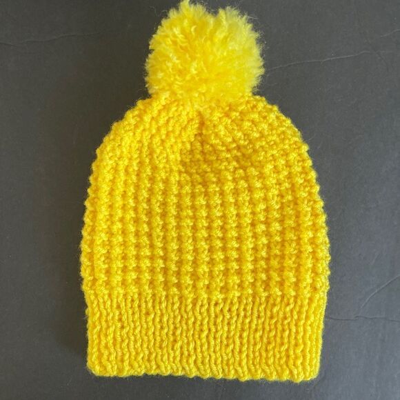 Handmade Knit Pom Pom Hat Yellow - Picture 3 of 7